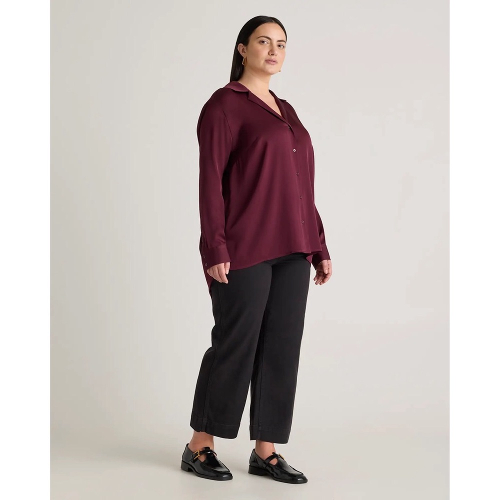 Quince Washable Stretch Silk Notch Collar Button Front Blouse Wine Tasting Red - Picture 3 of 13